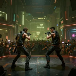 2 1 savage preforming on a stage in front of a crowd in cyberpunk 2 0 7 7, gameplay screenshot, detailed