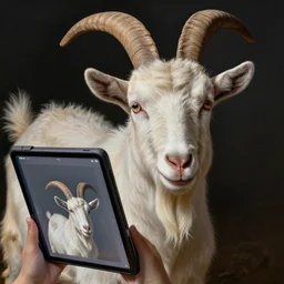A extremely highly detailed majestic hi-res beautiful painting of a goat taking a picture with an Ipad by Franz Xaver Winterhalter, high detail, hyperrealistic, photorealistic, octante render, cinematic, high textures, hyper sharp, 4k insanely detailed and intricate, hypermaximalist, 8k, hyper realistic, super detailed, 4k HDR hyper realistic high quality