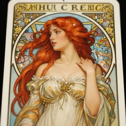 redhead woman, rococo and art nouveau fusion, tarot card, highly detailed, deep focus, elegant, smooth, sharp focus, illustration, ultra realistic, 8 k, art by artgerm and alphonse mucha, maxfield parrish, james jean, yoji shinkawa, odilon redon, gaston bussiere, eugene grasset, janis rozentals