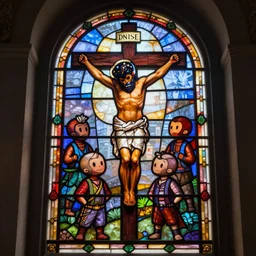 a stained glass window featuring gumby crucified 4 k unreal engine 5 dramatic lighting massive complexity