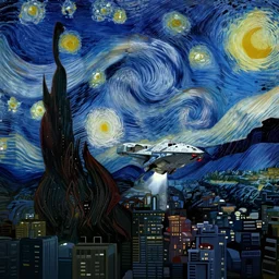 a single spaceship taking off seen from the surface of a metropolis city, star wars, digital art, trending on art station, in the art style of vincent van gogh starry night