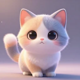 character design, cute kawaii cat, tri - colored, big eyes, fluffy tail, soft fur, pastel colors, shiny glitter, in the style of pixar animation and chris moore, detailed, soft light, ethereal, octane render, 4 k