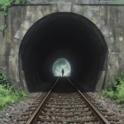 anime movie scene, dark train tunnel entrance