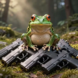 Frog sitting on a pile of Glock-17s