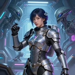 portrait armored astronaut girl fighting with alien inside spaceship, ssci-fi, neon light and fantasy, intricate and very very beautiful and elegant, highly detailed, digital painting, artstation, concept art, smooth and sharp focus, illustration, art by tian zi and WLOP and alphonse mucha