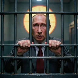 shocked putin in prison cage, prison, justice, hyper - realistic, sharp focus, depth of field, hyper - detailed visionary art, symmetric, hell, holy halo, dramatic ambient lighting, high detail, vibrant colors, the thing 1 9 8 2