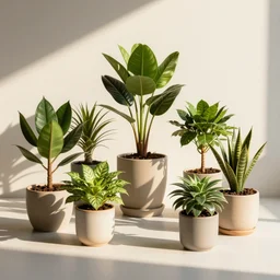a group of 6 houseplants in high contrast golden hour with stark shadows, highly detailed, photorealistic, trending in artstation