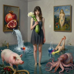 painting of a tall emo girl holding a flowering courgette in a flooded art gallery, paintings on the wall, pomegranates, waterfall, dripping faucet, beaker of coloured liquid, pigs, hemp ropes, octopus, berries, latex gloves, zen, sensual, surrealist, by magritte and monet