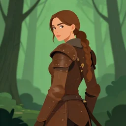 Forest hunter lady, brown leather armor, green background, looking from behind, looking at camera, flatterd look!, epic, high fantasy, trending on artstation, artstationHD, artstationHQ, cgsociety, octane, HD 16K