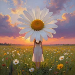 giant daisy flower as head, girl standing straight in a flower field, surreal photography, sunrise, dramatic light, impressionist painting, colorful clouds, digital painting, artstation, simon stalenhag