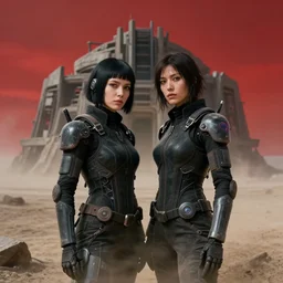 cinestill 5 0 d photographic portrait of two loving female androids wearing rugged black techwear on a desolate plain with a red sky, standing in front of a brutalist structure, extreme closeup, cyberpunk style, dust storm, 8 k, hd, high resolution, 3 5 mm, f / 3 2, ultra realistic faces, ex machina