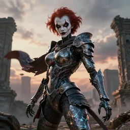 portrait of a diabolical cyborg clown samurai girl, torn cape, adaptive armor, dynamic pose, heavy eyes to the side, ancient ruins, glowing veins subsurface scattering, in clouds, sunset, portrait, by gerald brom, by mikhail vrubel, by peter elson, muted colors, extreme detail, reflections, trending on artstation, 8 k