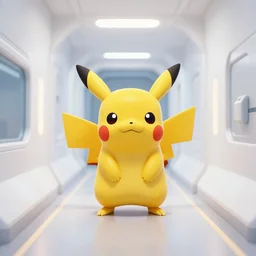 pikachu in a white space ship corridor