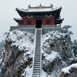 shaolin monastery on snowy mountain, rope ladder, black rope everywhere, trending on artstation, by frank frazetta, by john constable, by pieter bruegel the elder, concept art, digital art, cool color palette, 8 k, sad, incandescent, cinematic lighting, ray tracing global illumination, ray traced, ray tracing ambient occlusion, anti - aliasing, txaa, rtx, in a symbolic and meaningful style, insanely detailed and intricate, hypermaximalist, elegant, ornate, hyper realistic, super detailed