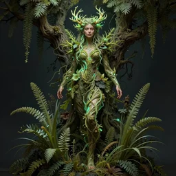 goddess of dryad, woman made of weed and trees and plants, fantasy character portrait full body concept art, volumetric neon lights intricate details, by greg rutkowski, gaston bussiere