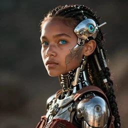 futuristic himba young woman, cybernetic eye, mechanical limbs, metallic hair, the expanse concept art, realistic, dramatic lighting, intricate, depth of field, upper body