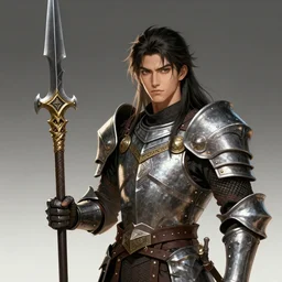 A realistic anime portrait of a young handsome male barbarian with long wild hair, intricate fantasy spear, plated armor, D&D, dungeons and dragons, tabletop role playing game, rpg, jrpg, digital painting, by Yusuke Murata, concept art, highly detailed, promotional art, HD, digtial painting, trending on ArtStation, golden ratio, rule of thirds, SFW version