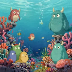 lab to create cute monsters and creatures, swimming under ocean, surrounded by colorful coral reef, natural lighting, playful color scheme, intricate details, matte painting, illustration, by hayao miyazaki