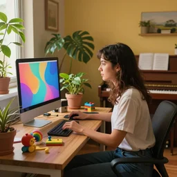 portrait of a woman programming a computer, photograph of the whole room, colorful computer screen, home office with plants, colorful toys all over the floor, piano in the background, cosy, serene, morning light, very detailed, vivid colors, solid color background
