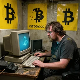 typical cryptocurrency nerd, sitting in front of old 9 0's computer, yellow bitcoin posters on walls, shilling, crt tubes, cables everywhere, damp basement decay fat and dirty, scruffy looking, claustrophobia, humidity mold, award - winning photomanipulation