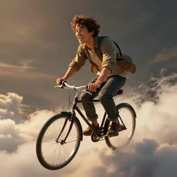A fancy portrait of a happy man flying in the sky on his bicycle in the clouds, perfect expression, Greg Rutkowski, Sung Choi, Mitchell Mohrhauser, Maciej Kuciara, Johnson Ting, Maxim Verehin, Bloodborne, 8k photorealistic, volumetric lighting, HD, high details, dramatic, warm  atmosphere, trending on artstation