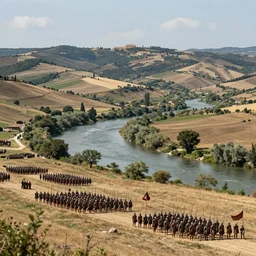 Wide shot of epic Italian landscape near river Aufidus, distant battle of Cannae 216 BCE, with republic-era Roman soldiers in formations, Carthaginian phalanxes in formations, sharp focus, professional lighting, by Stéphane Bourez, László Szabados