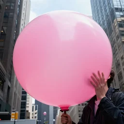 photograph of giant pink bubble gum popping in new york city