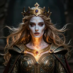 portrait of a powerful celtic queen in the style of bob eggleton with face paint. neckline glowing, ornate and intricate, stunning, dynamic lighting, intricate and detailed.
