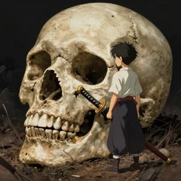 a beautiful masterpiece of a boy standing, giant skull laying deep in the ground, detailed samurai sword, anime, studio ghibli, unreal engine, realistic shaded lighting, junji ito, by sui ishida, fine detail, dramatic, atmospheric, trending on artstation, rich colours
