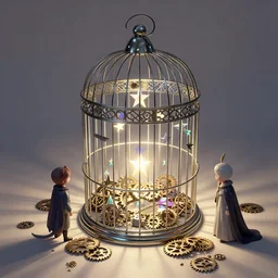 a birdcage filled with many stars, some gears were scattered all over the floor by krenz cushart and mucha, prismatic