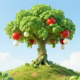 tree on a hill where pizza ingredients grow, tomatoes hanging on branches, mozzarella balls hanging from branches, basil leaves instead of leaves, intricate stem, on a hill, highly detailed 3 d render, full view, wide angle, bright colors, pixar render