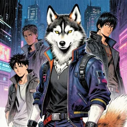 beautiful portrait commission of a male furry anthro husky werewolf fox fursona wearing cyberpunk skater clothes. Cyberpunk city at night in the rain. Neon light. Atmospheric. Character design by charlie bowater, ross tran, artgerm, and makoto shinkai, detailed, inked, western comic book art