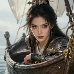 A beautiful female warrior posing on a boat, beautiful face, highly detailed face, close-up, fantasy art, in the style of greg rutkowski, illustration, epic, fantasy, intricate, hyper detailed, artstation, concept art, smooth, sharp focus, ray tracing