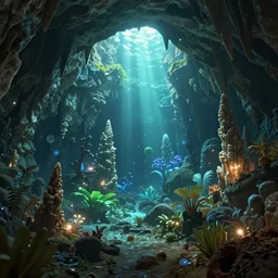 beautiful render of an underwater cave world, unreal engine, first light, magical waters, plants, mysterious caverns, stalactites and stalagmites, glowing lights, soft light, by greg rutkowski, cgsociety