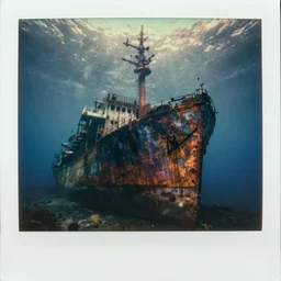 towering rusty shipwreck, underwater, murky, megalophobia, old polaroid, expired film,