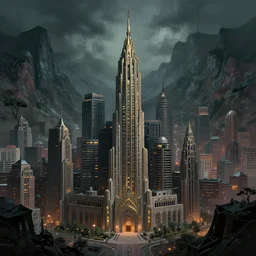 an unlikely unrealistic city between two mountains, digital painting masterpiece, scary landscape, gorgeous art deco architecture, stylish, cinematic, film