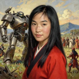 landscape, realistic portrait beautiful painting from scene in warhammer robot merged in mulan war scene, hyperdetailed retrofuturism created by thomas kinkade and gustave courbet, fine draw, high detailed, fine lighting, smooth draw, no anomaly.