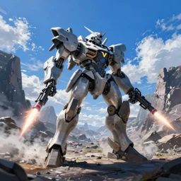 armored core v by liam wong, fromsoftware, booster flares, legs, laser rifles, smoke, karst landscape, ; wide shot, outdoor, pure blue sky, cloud, empty wilderness ground ; digital painting, cinematic contrast, dynamic backlighting, sharp edge, motion blur,