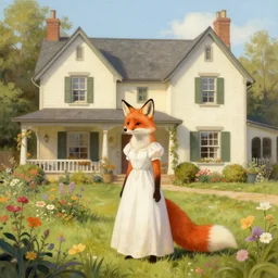 an anthropomorphic fox stands outside her beautiful country home wearing a flowing white dress, surrounded by flowers and shrubs, illustration by Mary Jane Begin, Steven James Petruccio, Keren Katz, Thomas Kinkade