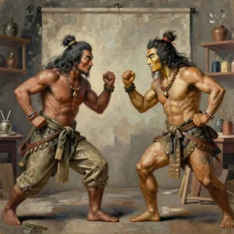 high detailed painting of a traditional artist fighting an ai artist