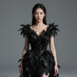 meredit frampton and tom bashow style : hight focus of a wonderful realistic focused expressive wonderful symmetrical mid portrait of a lonely very beautiful goddess, with a dress that is like a realistic black plumes, dramatic light, octane render, - 8 k