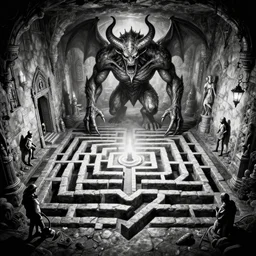 black and white one point perspective labyrinth dungeon cozy fantasy dungeon boss encounter view with giant demonic entity in the middle of the room by artgerm and Craig Mullins, James Jean, Andrey Ryabovichev, Mark Simonetti and Peter Morbacher 16k
