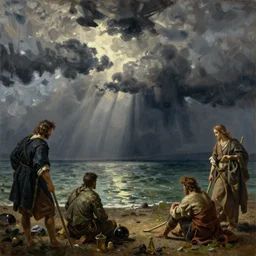 the big storm on the sea of galilee, oil - on - canvas painting, close - up, elegant, volumetric lighting, scenery, digital painting, highly detailed, artstation, sharp focus, illustration, concept art, by rembrandt van rijn, 1