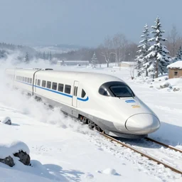 A supersonic maglev train in North Pole riding though snow, cold, snowy, art by James Gilleard, James Gilleard artwork