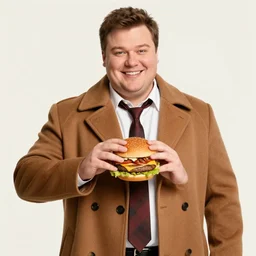 clean - shaven smiling white chubby italian american man in his 4 0 s wearing a brown long overcoat and necktie holding a giant burger, 2 0 0 0 avertising promo shot