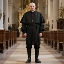 john paul ii standing in church in a black puffed nuptse, black cargo pants and high black boots