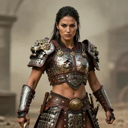 fighting tribeswoman, destroyed Aztec jaguar armor,vertical composition, destroyed armor, inspired by monster hunter and westerns, muscular body, clean beautiful symmetrical face,  subtle make up, epic,dramatic lighting, cinematic, establishing shot, extremely high detail, photorealistic,  leather, cinematic lighting, artstation, octane render, western,old photo, vintage