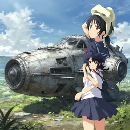 Abandoned and derelict spaceship in the style of Shōjo Shūmatsu Ryokō (girl's last tour) Tsukumizu, pixiv, pinterest anime, art by Steve Hanks, art by Alyssa Monks, endless summer art, realistic, wide focus, 8k ultra, insanely detailed, intricate, elegant, art by Laurie Lipton, digital art