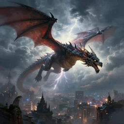 a painting of an epic dragon soaring above a fantasy city with dark clouds in the background, lighting strikes behind the dragon, backlit, trending artstation, cinematic, 8k