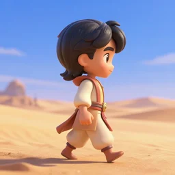 profile view of young aladdin as nendoroid walking in a desert in the croods movie style, anime, disney, pixar, 8 k, hd, dof, kodak film, volumetric lighting, subsurface scattering, photorealistic, octane render, details
